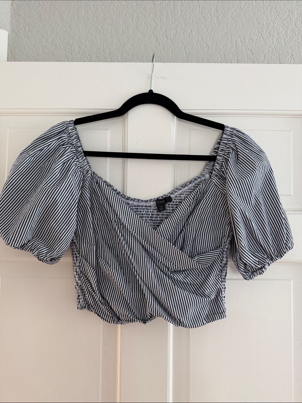J. Crew Black & White Striped Puff-Sleeve Wrap Crop Top